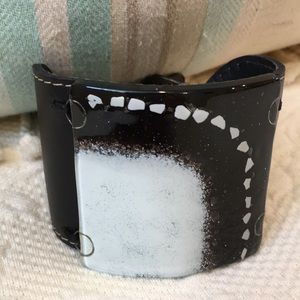 Wide black leather cuff bracelet with glass NWT